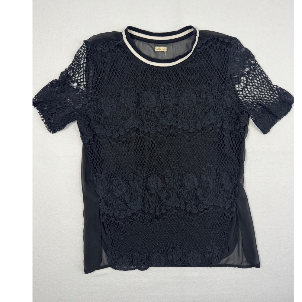 Gothic Hollister Lace Mesh‎ Short Sleeve Top Womens Medium Black Sheer Floral